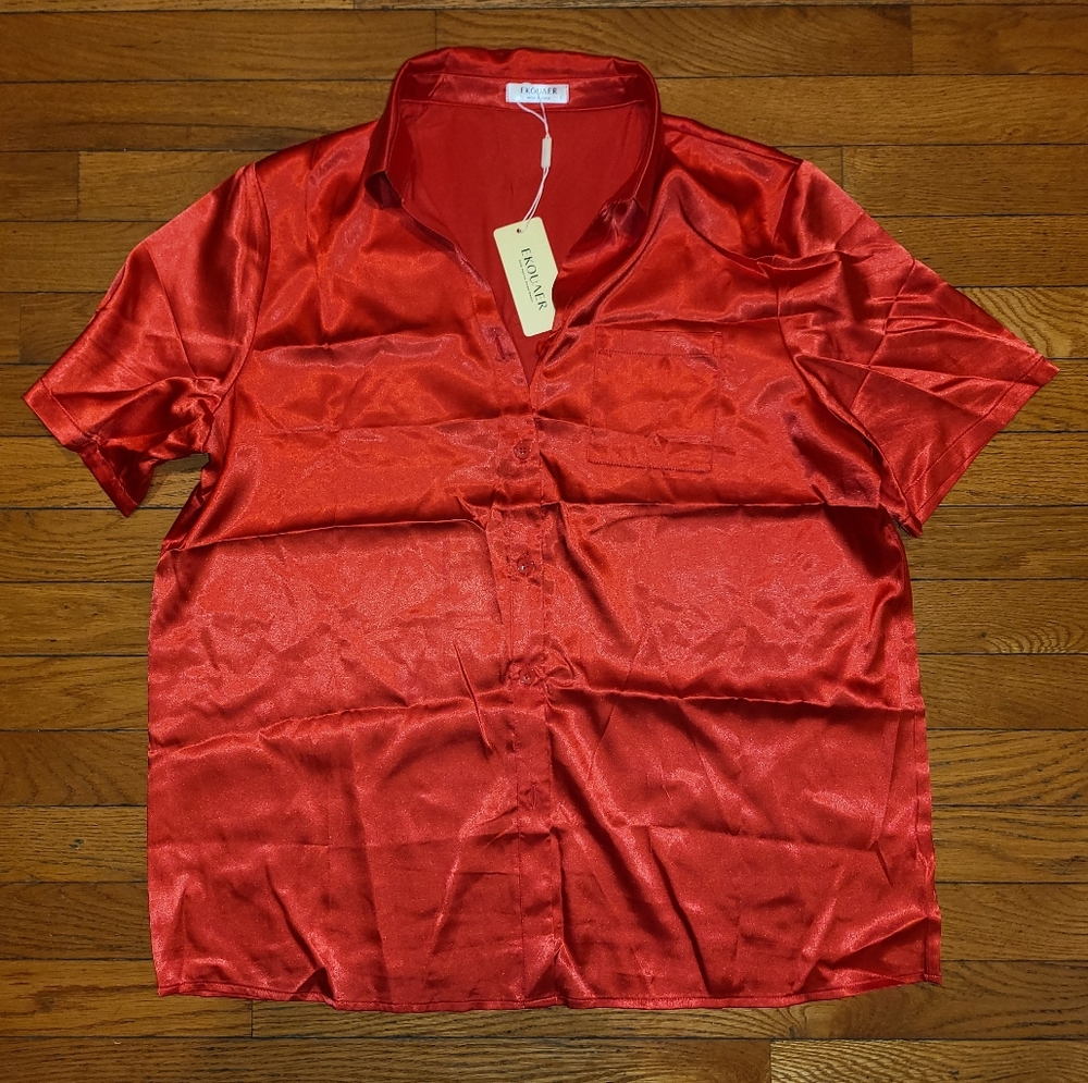 Ekouaer Red Satin Pj Set - Picture 2 of 8